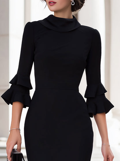 Black Cowl Neck Midi Dress With Double Ruffle Sleeves