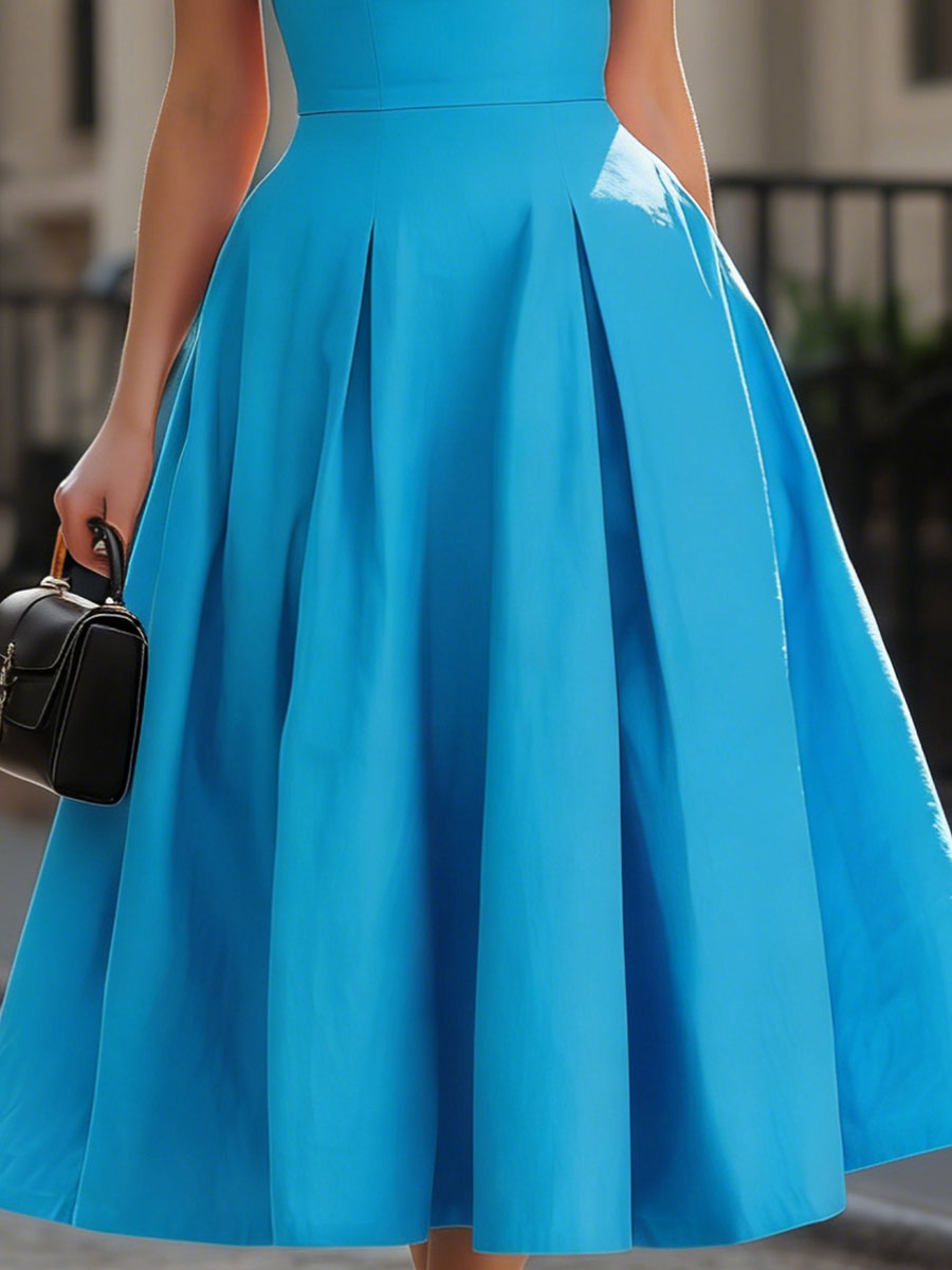 KSXTXX Turquoise Square Neck Sleeveless Pleated Midi Dress