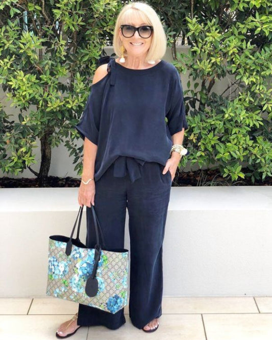 Off-the-Shoulder Top and Wide-Leg Pants Two-Piece Suit