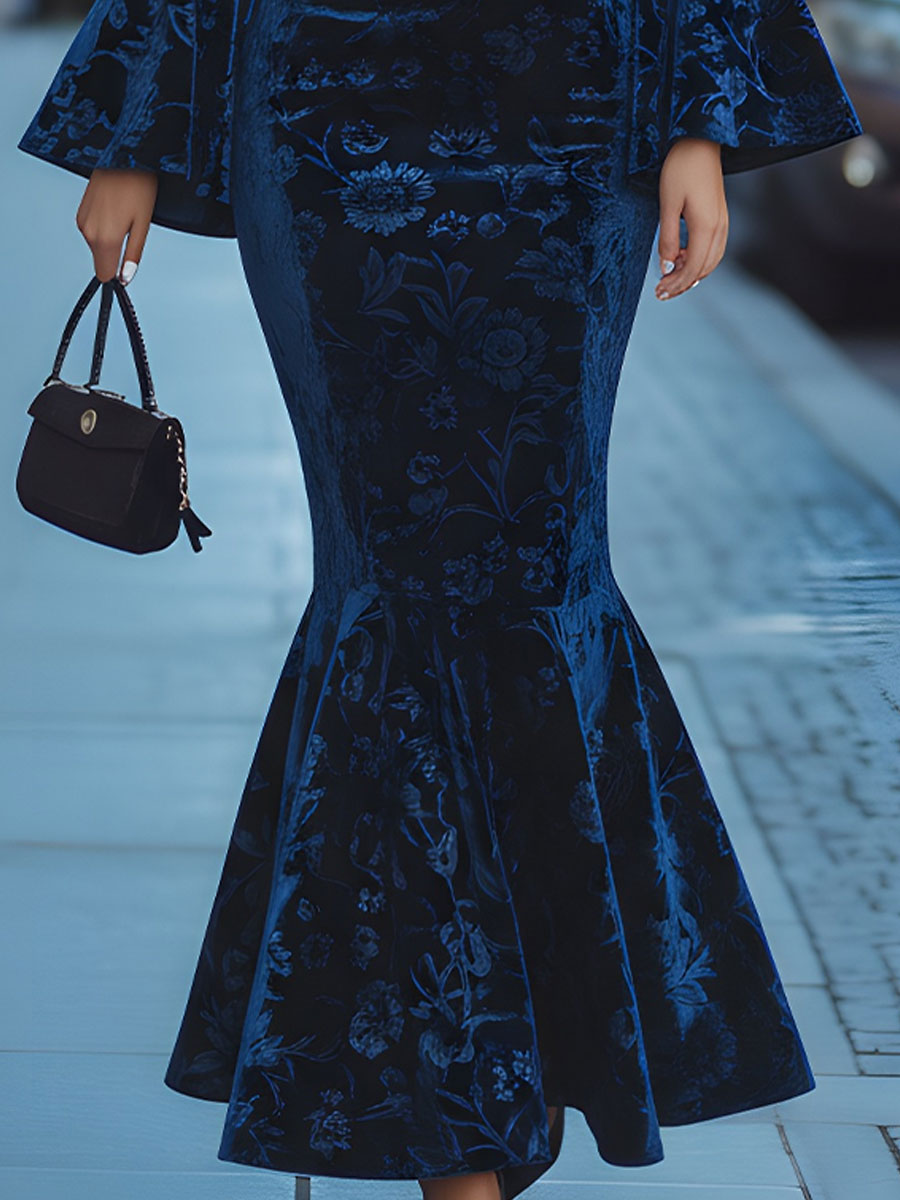 Royal Blue Floral Velvet Mermaid Maxi Dress