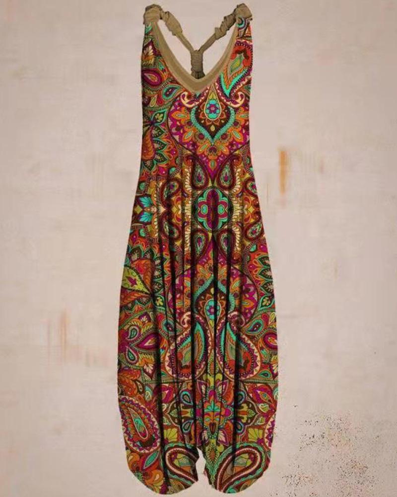 Casual Ethnic Print Loose Jumpsuit