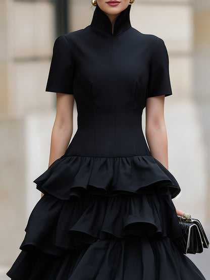 High Neck Tiered Ruffle Midi Dress