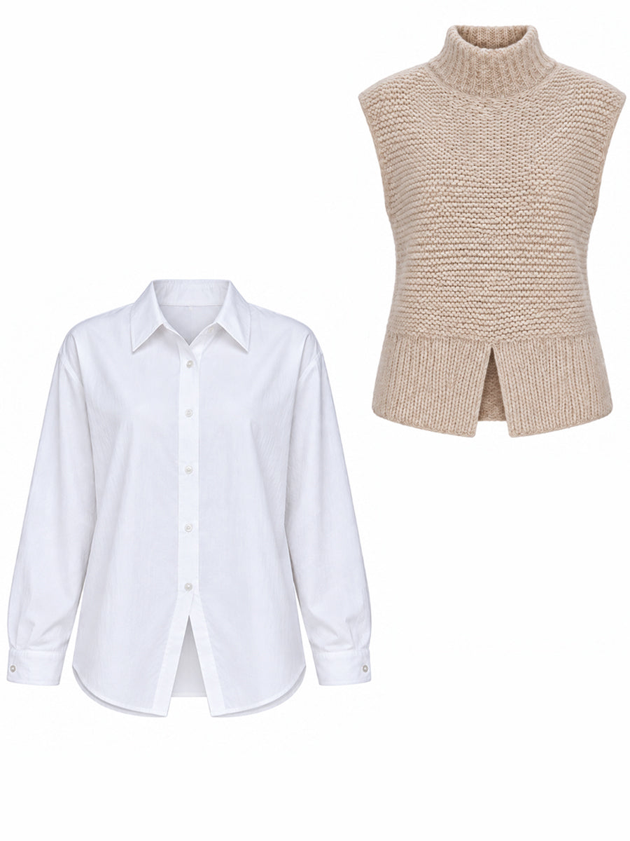 Elegant Beige Chunky Knit Turtleneck Vest And White Long Sleeve Shirt Two-Piece Set