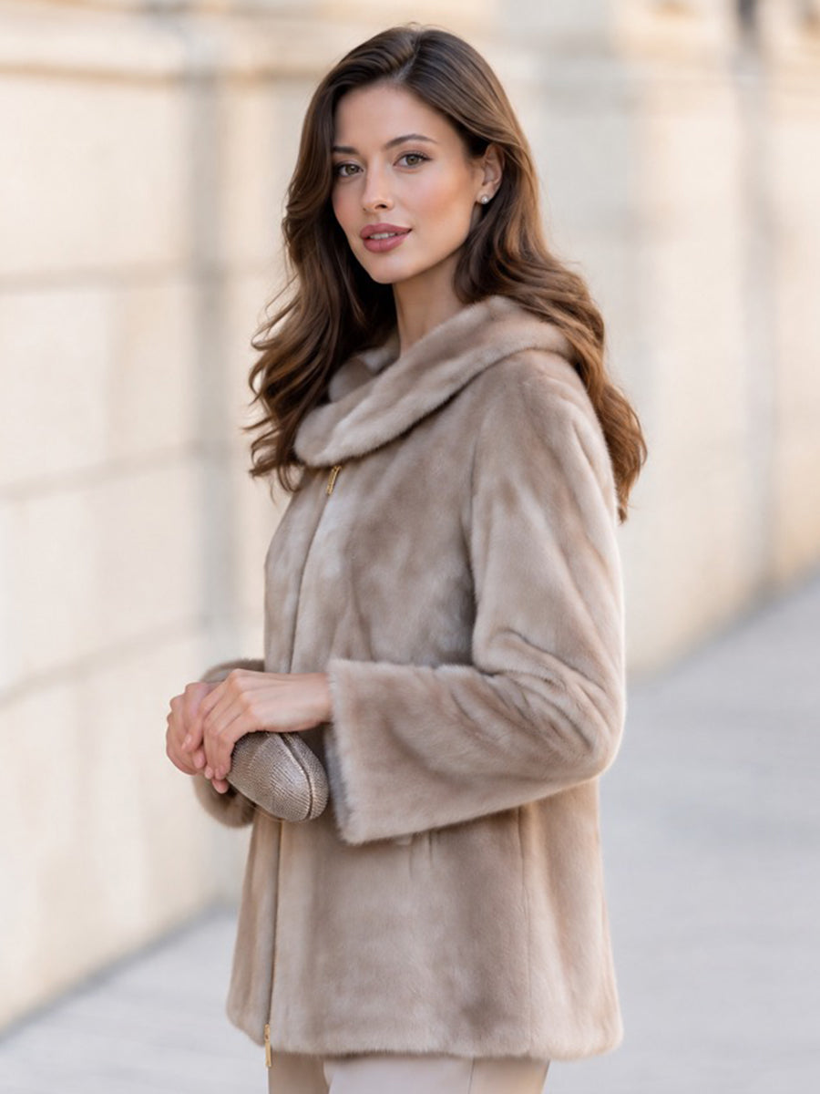 Luxury Faux Fur Jacket with Oversized Collar & Gold Zip