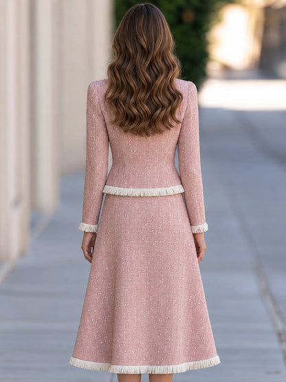 Elegant Fringe Trim Tweed Jacket And A-Line Midi Dress Two-Piece Set