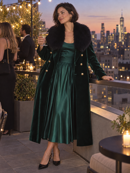 Dark Green Velvet Faux Fur Collar Long Coat & Satin Slip Midi Dress Two-Piece Set