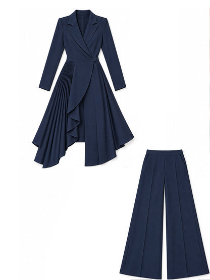 Elegant Navy Wrap Blazer Wide-Leg Pants Two-Piece Set