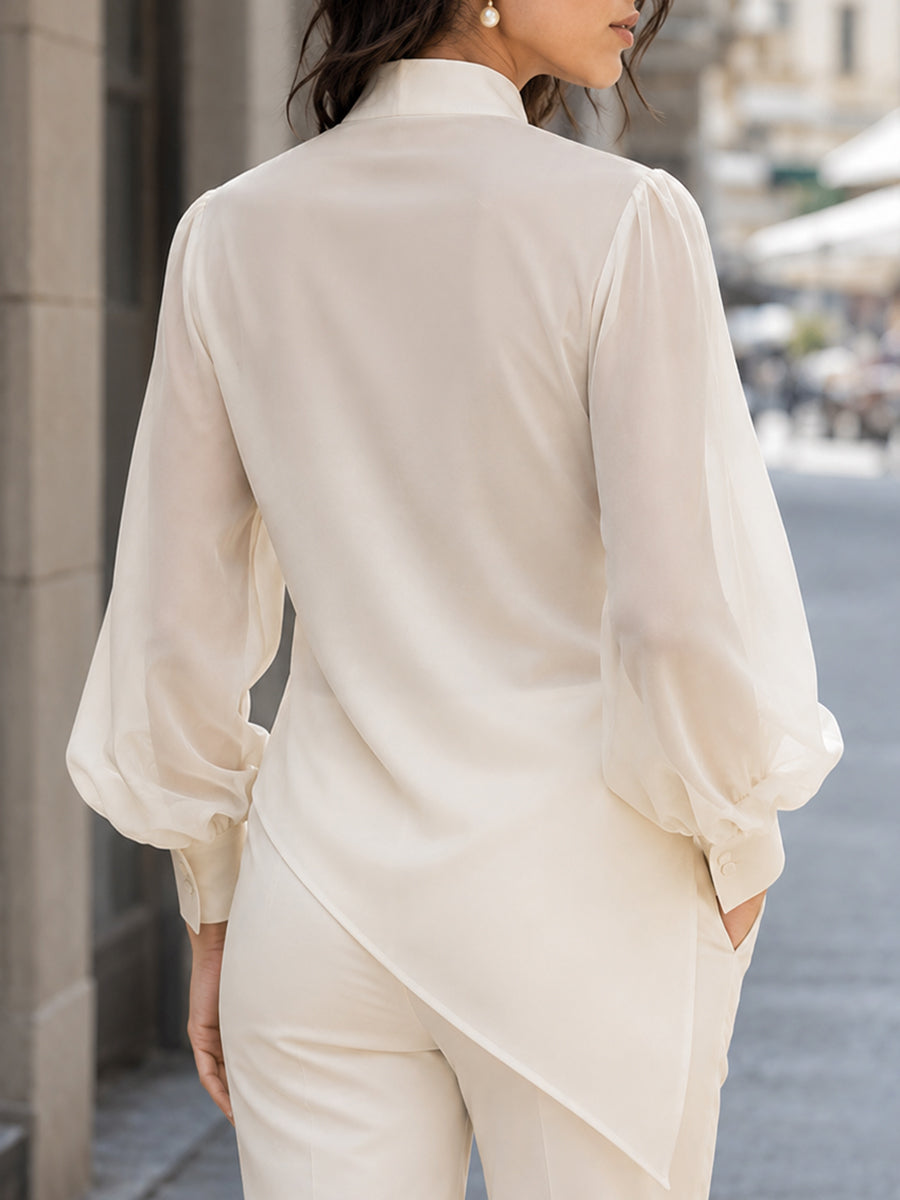Ivory Sheer Sleeve Wrap Front Mandarin Collar Blouse