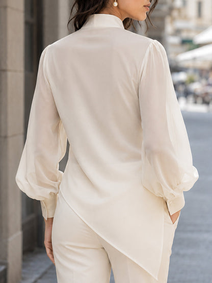 Ivory Sheer Sleeve Wrap Front Mandarin Collar Blouse