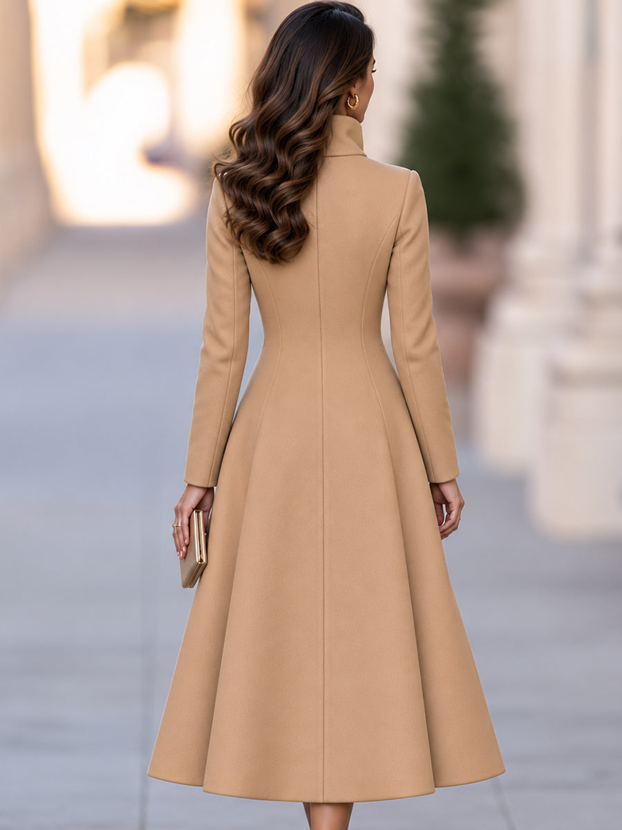 Elegant Camel Stand Collar Double Button A-Line Wool Coat
