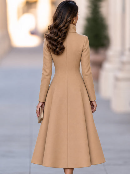 Elegant Camel Stand Collar Double Button A-Line Wool Coat