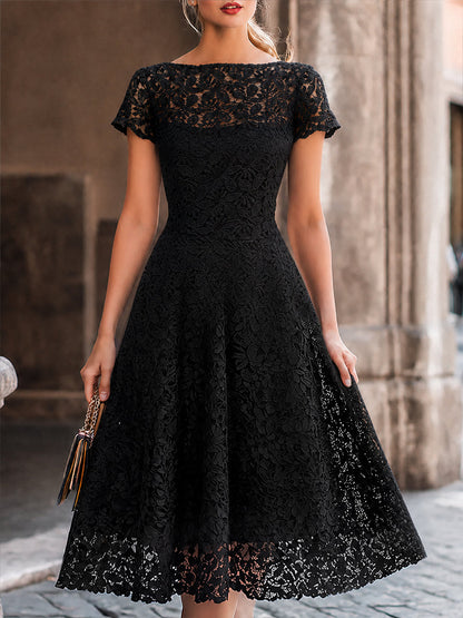 Elegant Floral Lace Boat Neck A-Line Midi Dress