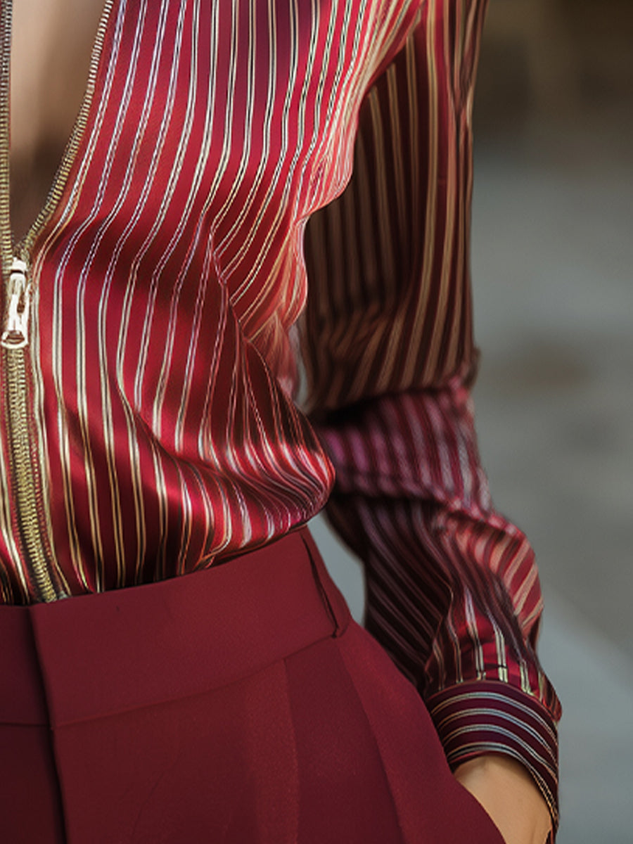 Chic Striped Zip-Front Satin Blouse