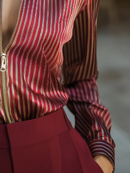 Chic Striped Zip-Front Satin Blouse