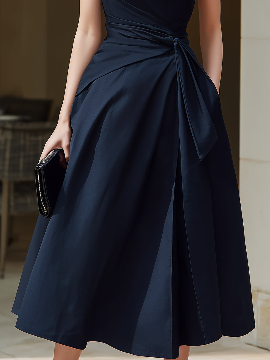 Sleeveless Wrap Midi Dress With Structured Stand Collar