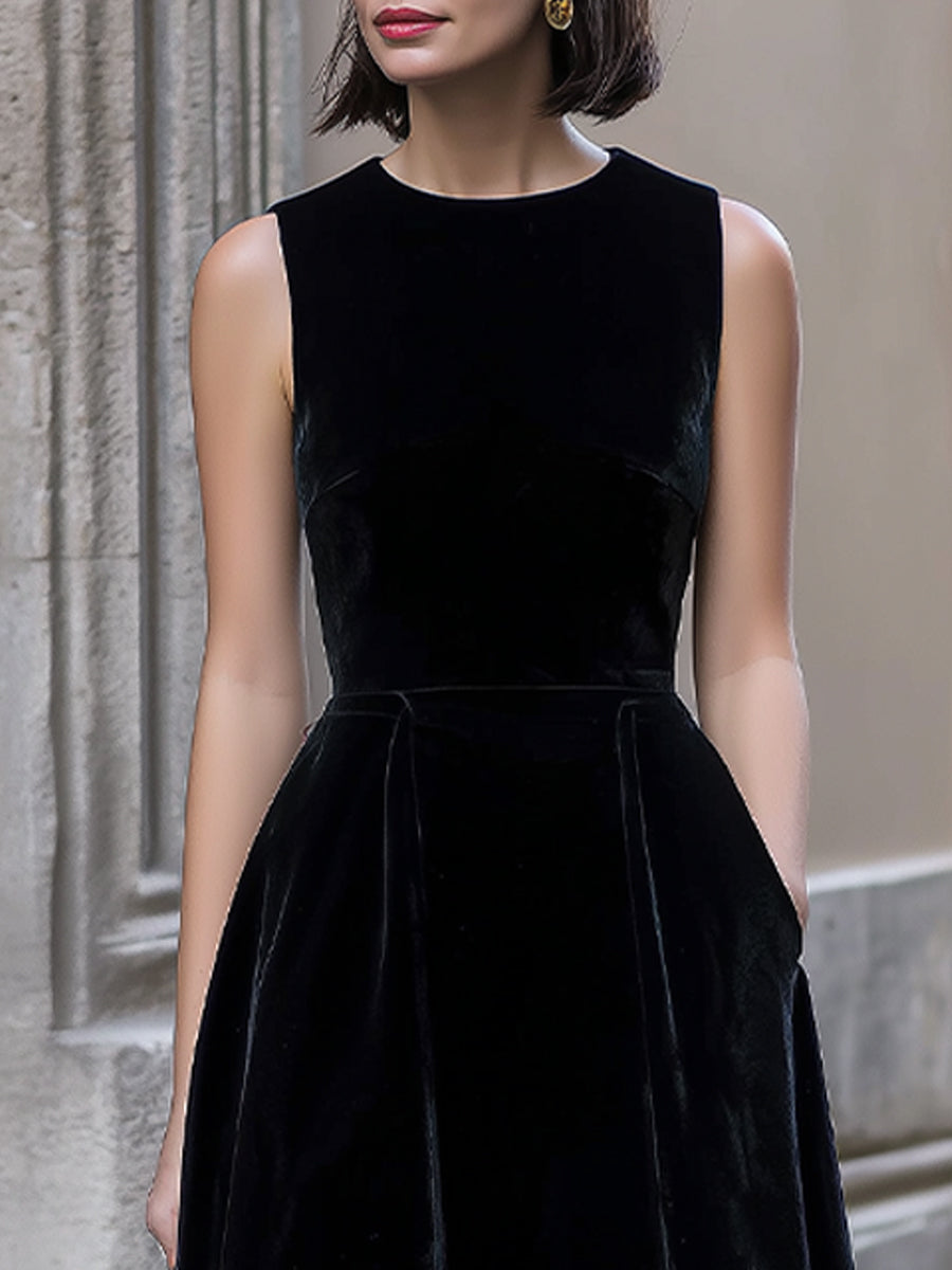 Classic Sleeveless Velvet A-Line Midi Dress With Pockets