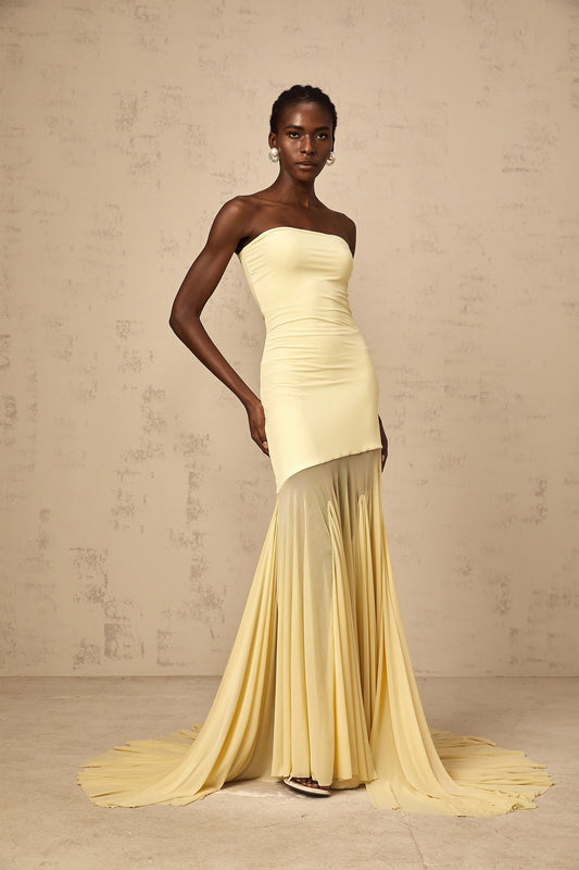 Josiane yellow off-shoulder sheer tulle maxi dress