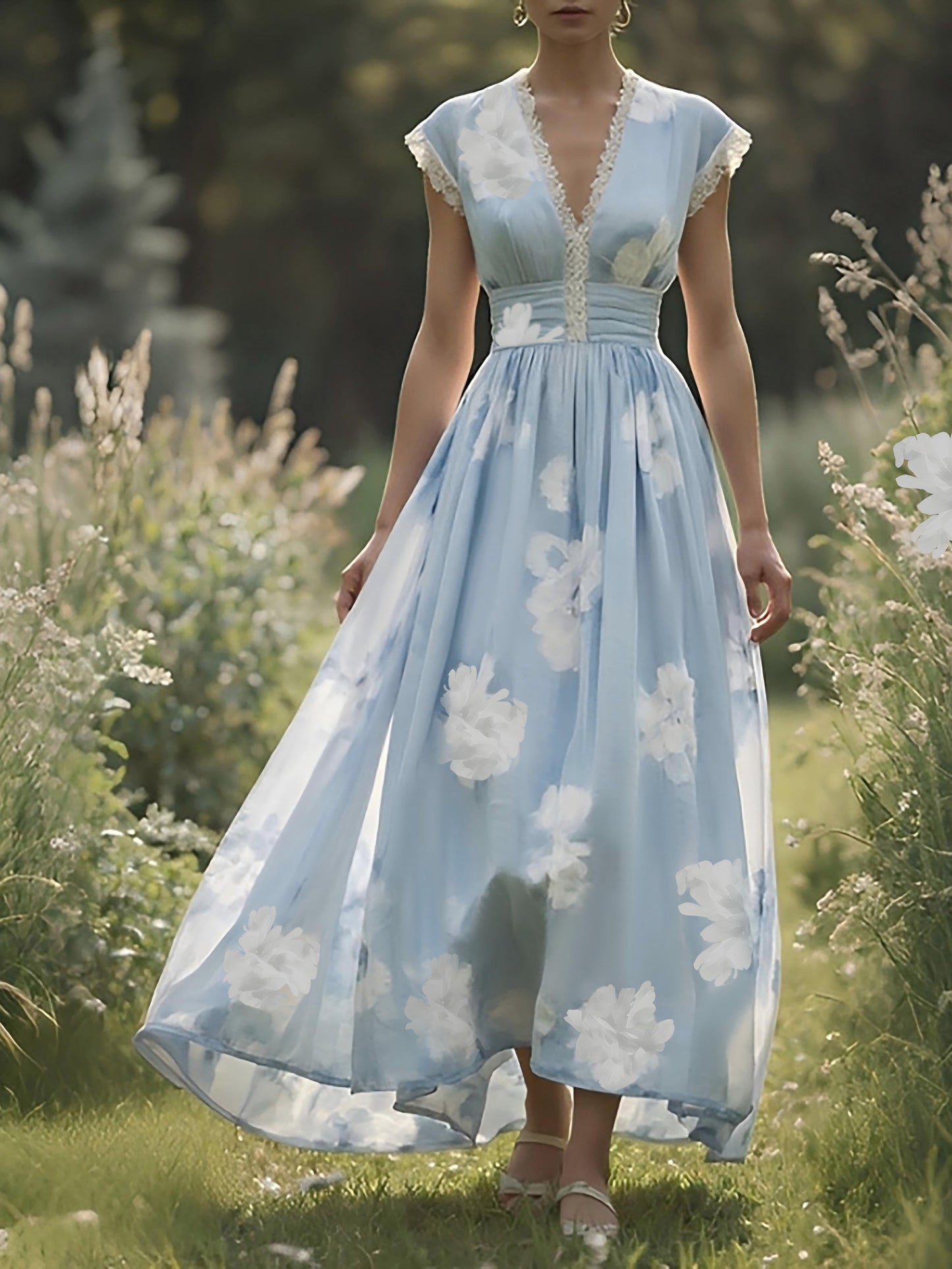 (SIZE:XS-XXL)Linen Maxi Dress, Sleeveless, V neck, Floral, Vintage, Green