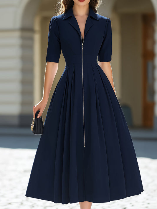 Navy Blue Zip-Front Fit-and-Flare Midi Dress