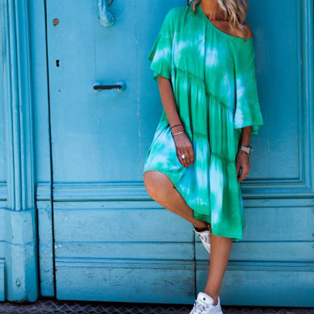 round Neck Shirt with Half Sleeve Tie-Dye Loose Dress