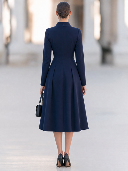 Elegant Navy Blue Long Sleeve Collared A-Line Midi Dress