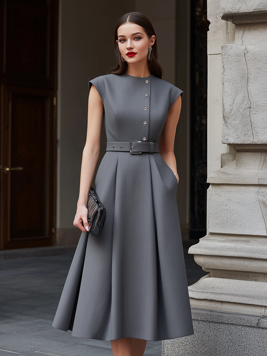 Belted Button-Detail Tailored Midi Dress