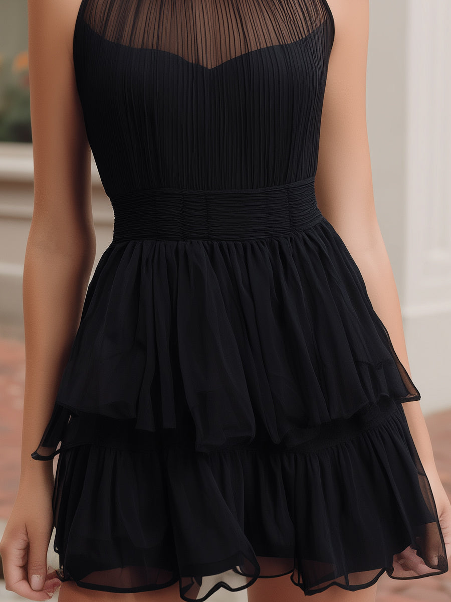 High-Neck Crinkled Chiffon Tiered Mini Dress