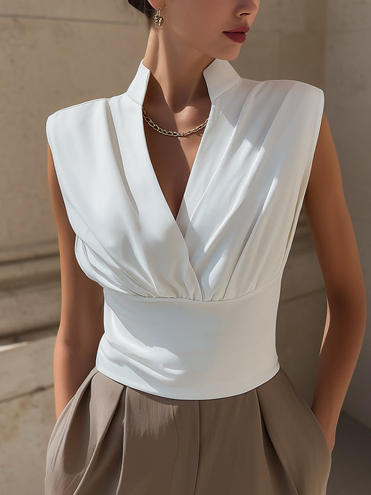 Draped V-Neck Sleeveless Structured Blouse
