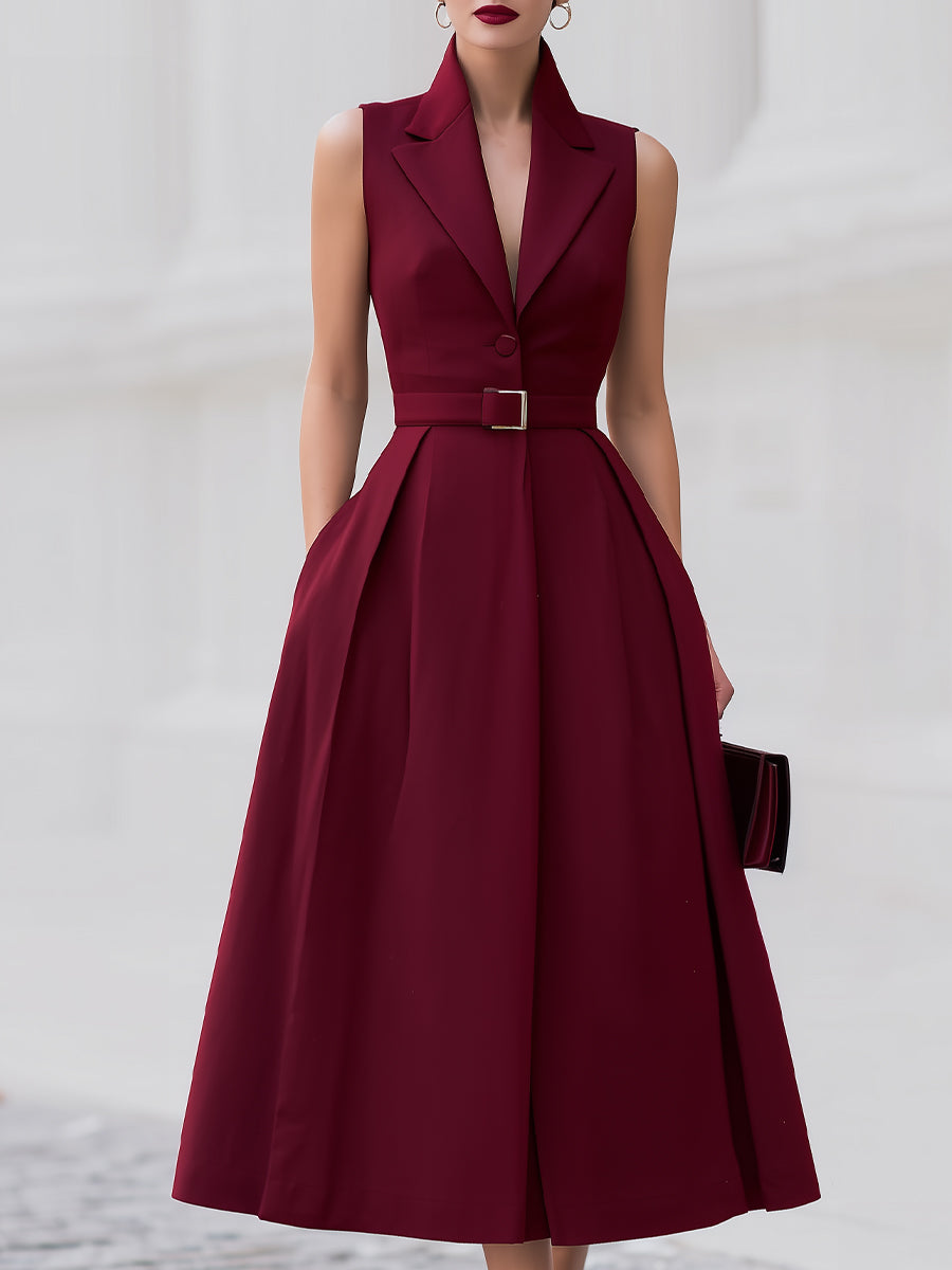 Luxe Burgundy Tailored-Collar Midi Dress