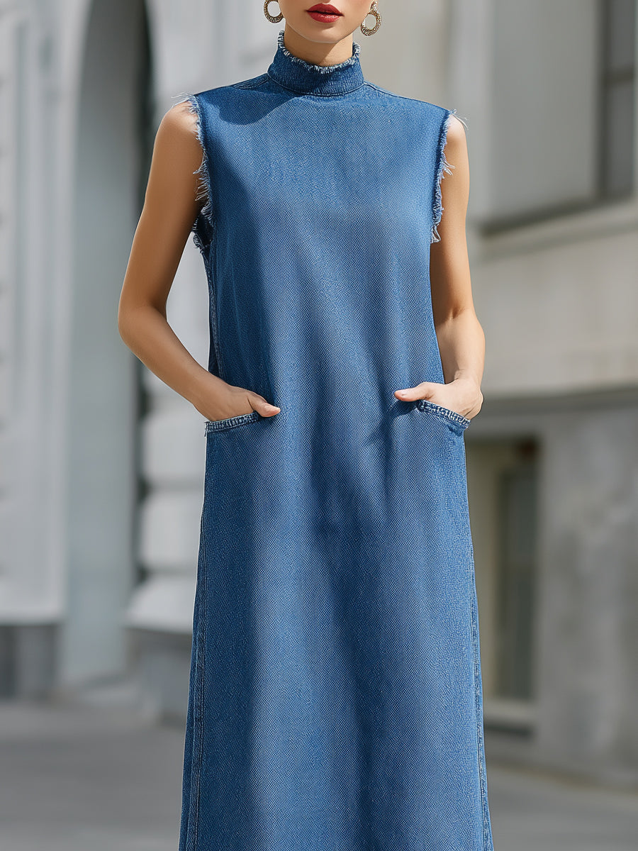 Sleeveless High-Neck Fringed Raw-Edge Denim Midi Dress