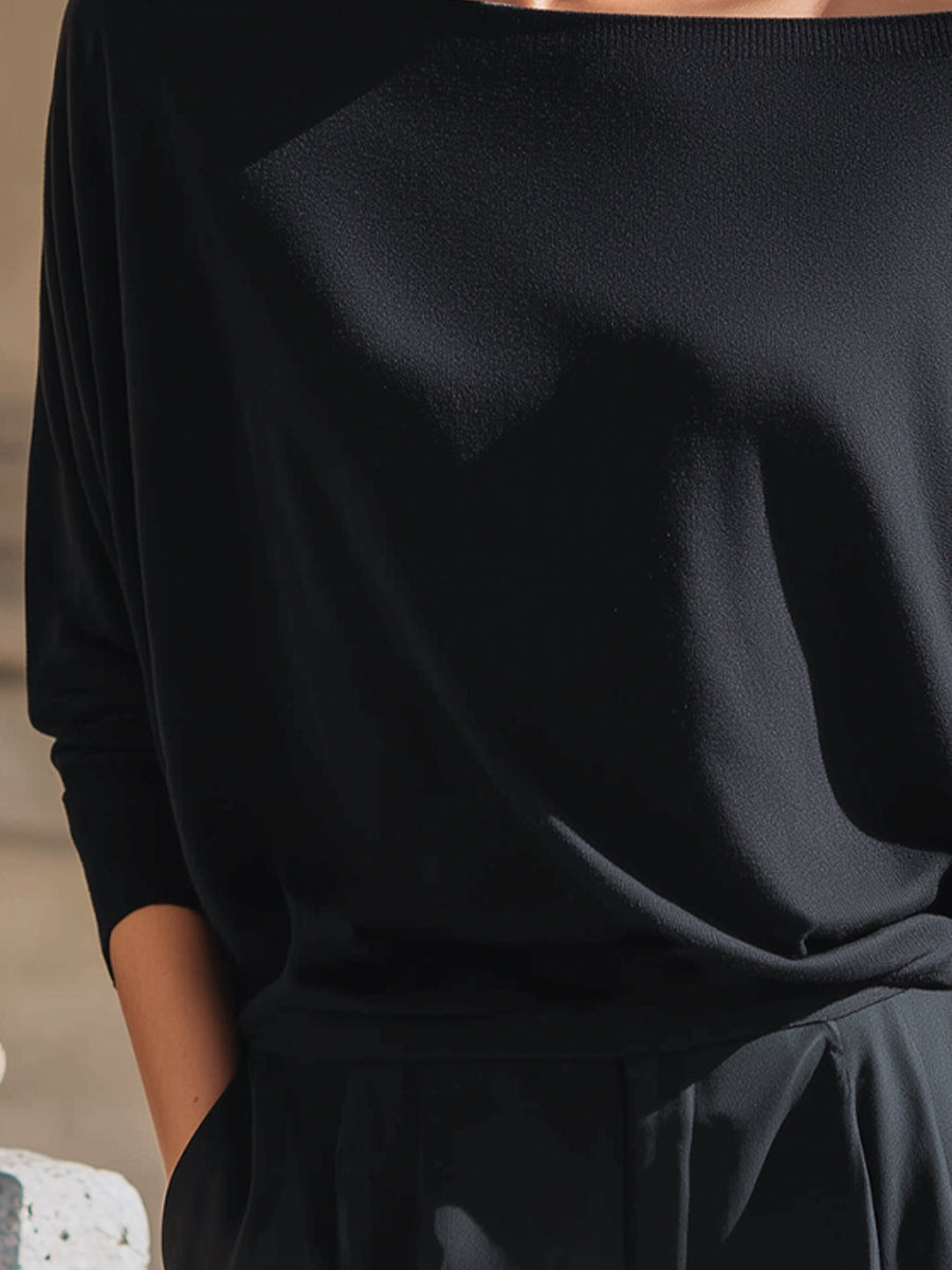 Relaxed Off-Shoulder Batwing Sleeve Knit Top