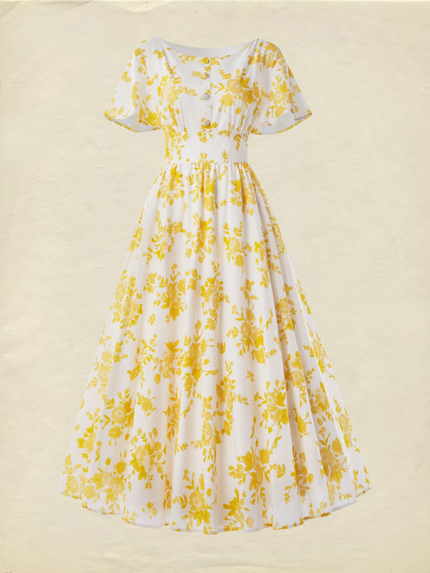 Linen Maxi Dress, Bell Sleeve, Boat Neck, Floral, Vintage, Yellow