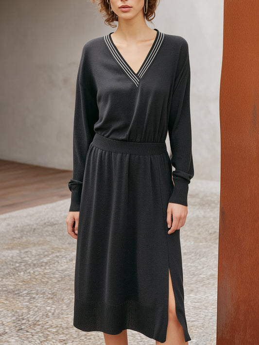 Dark Charcoal Knit V-Neck Long Sleeve Midi Dress With Side Slit