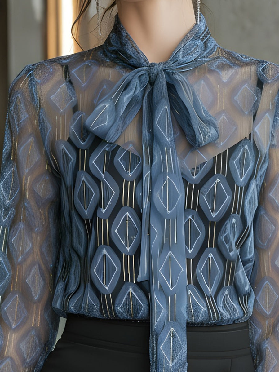 Blue Geometric Sheer Chiffon Tie-Neck Blouse