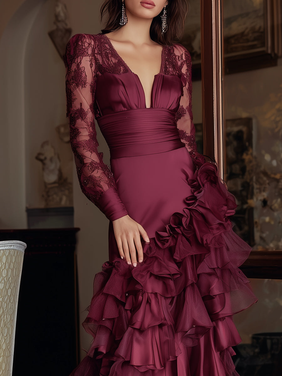 Elegant Burgundy Ruffled Evening Gown