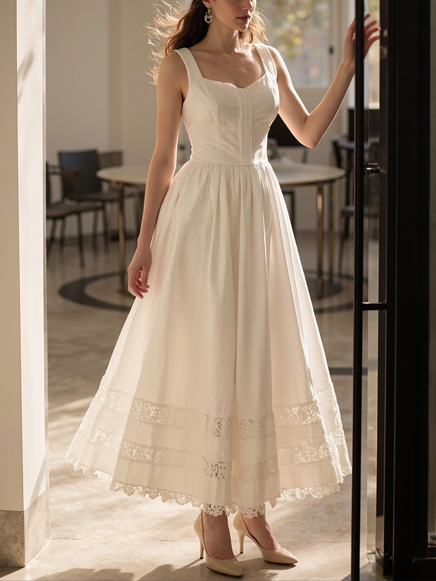 Maxi Linen Dress, Sleeveless, Sweetheart Neckline, Plain, Lace, Vintage, White