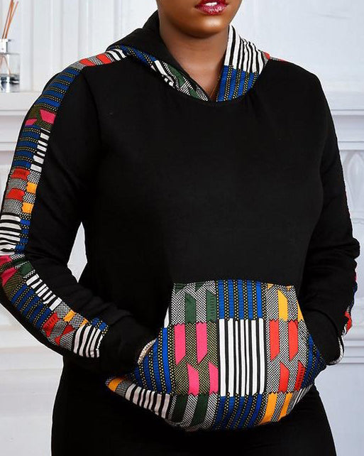 Contrasting Color Blocks African Print Long Sleeves Hoodie