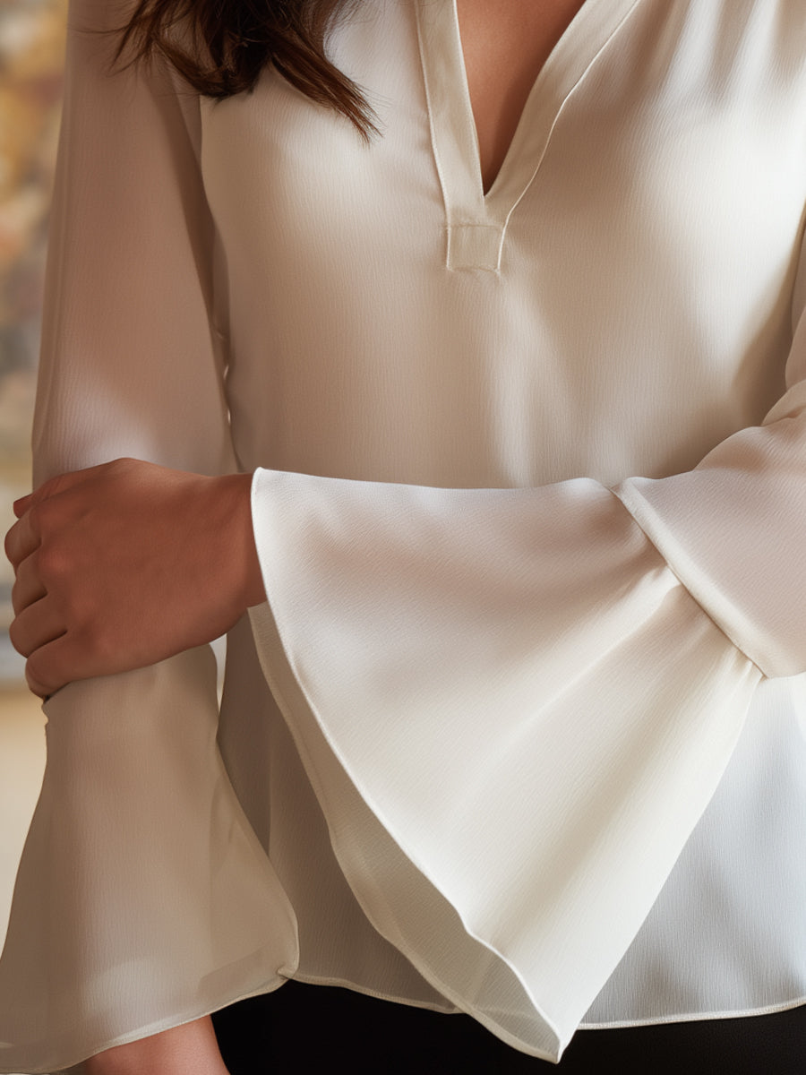 V-Neck Flared Sleeve Chiffon Blouse