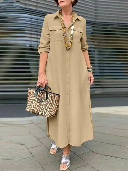 New button lapel long sleeved dress