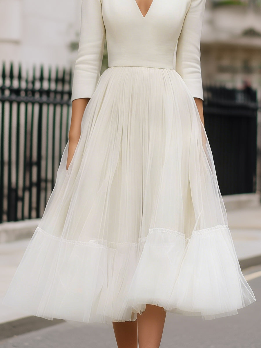 V-Neck Long Sleeve Pleated Midi Dress With Defined Waist