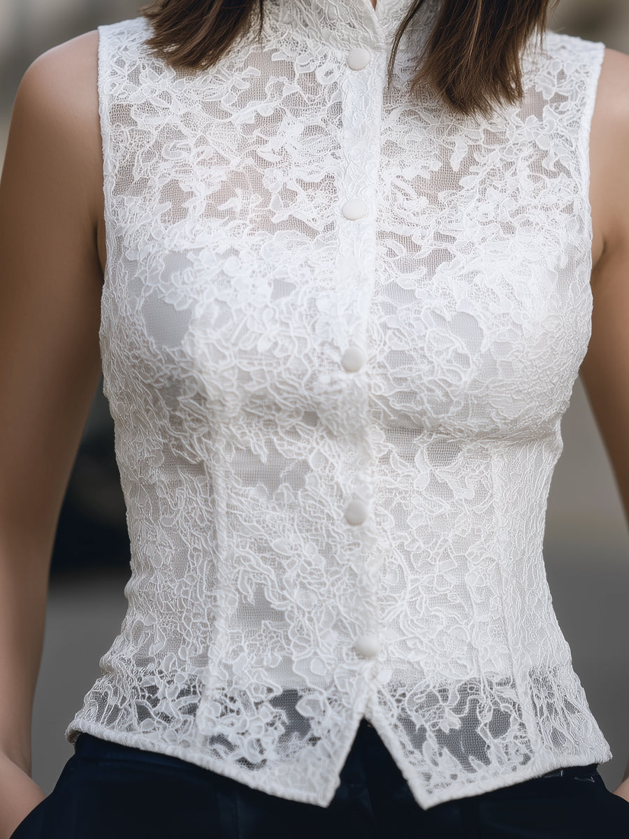 Sleeveless Lace Mandarin Collar Button-Front Top