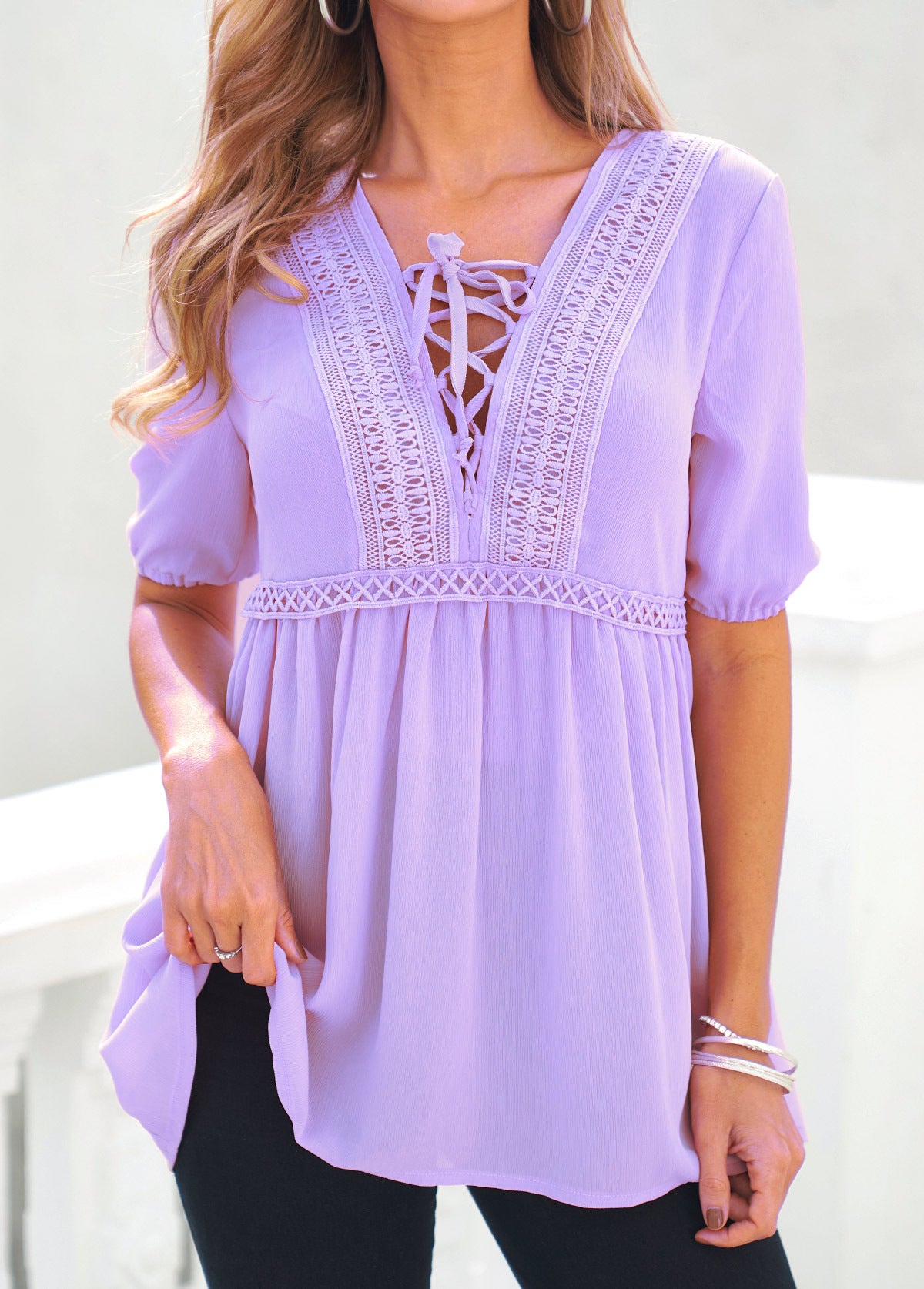 Women's Chiffon V-neck Short-Sleeved Lace Dress