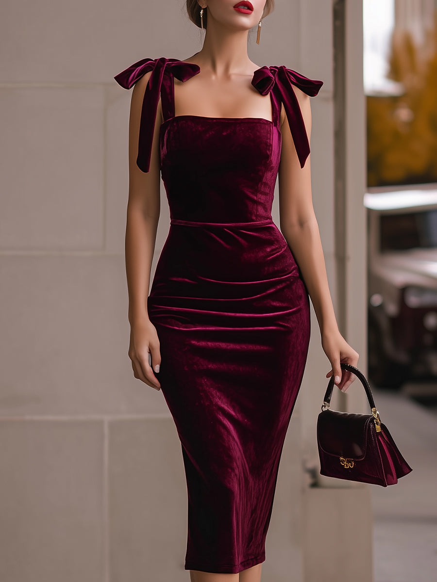 Luxe Burgundy Velvet Tie-Shoulder Midi Dress