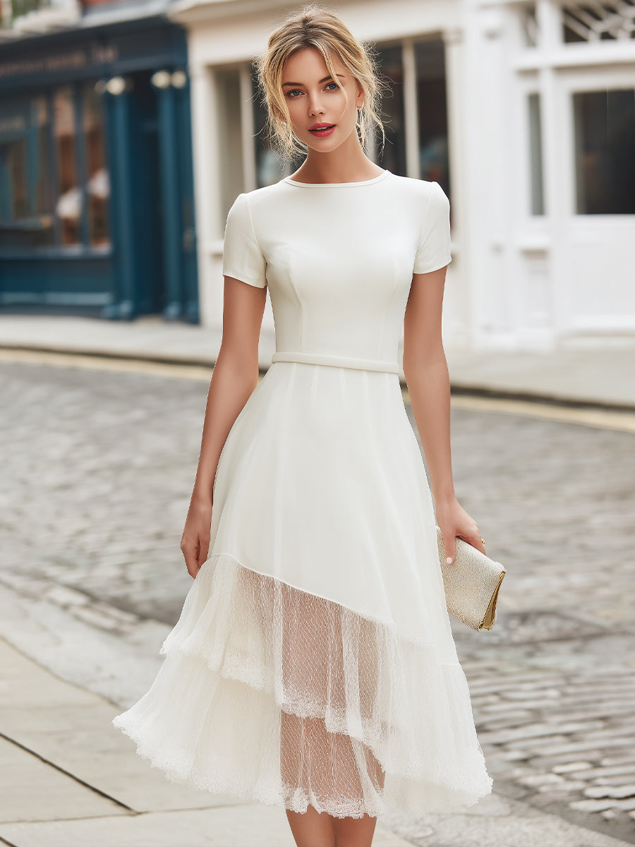 Short Sleeve Asymmetrical Layered Mesh Midi Dress