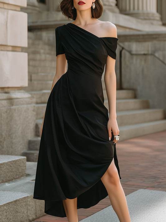Asymmetric One-Shoulder Draped Midi Dress