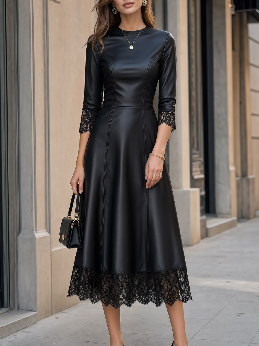 Faux Leather Lace Trim Flared Midi Dress