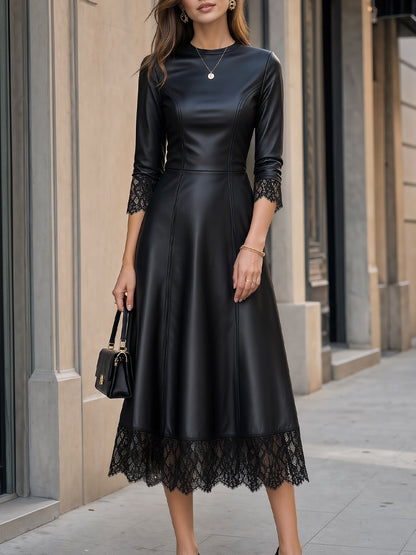 Faux Leather Lace Trim Flared Midi Dress