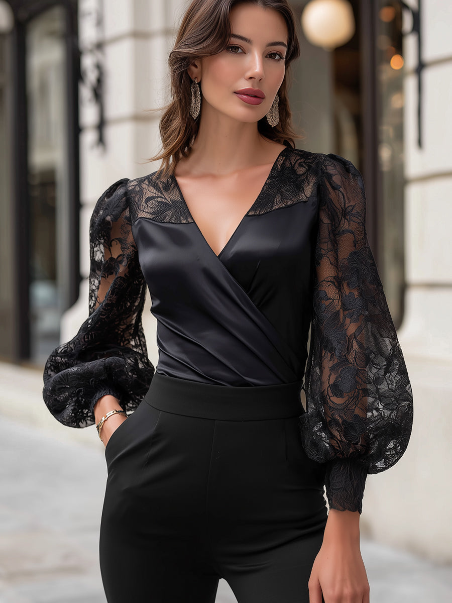 Lace Sleeve Satin Wrap Blouse