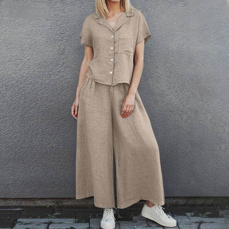 Plus Size Lapel Short Sleeve Shirt High Waist Loose Trousers Two-Piece Suit