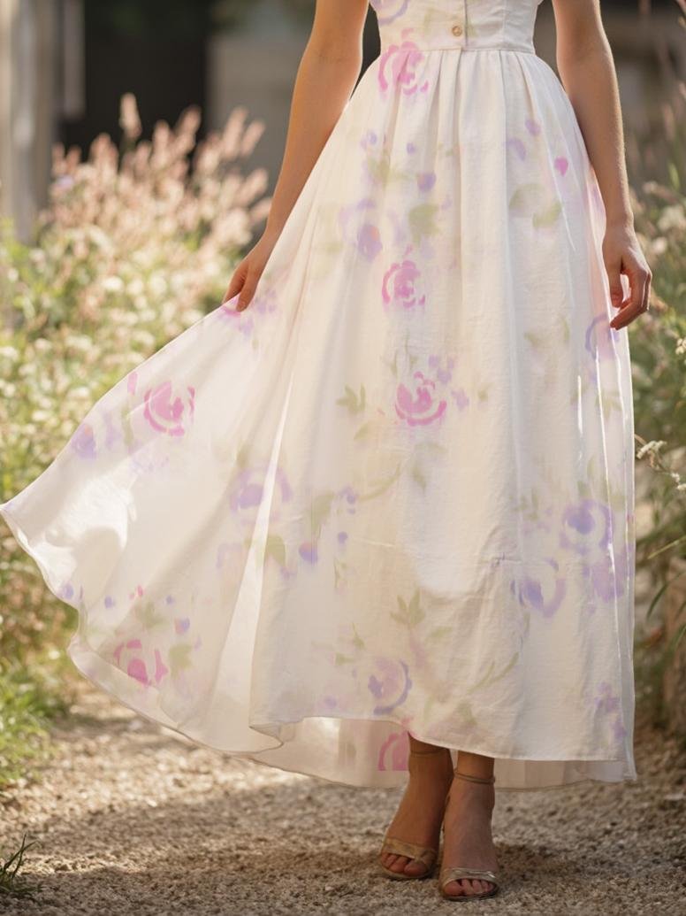 Linen Maxi Dress, Short Sleeve, Lace Collar, Floral, Vintage, White